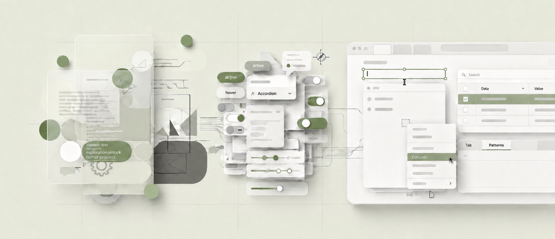 Abstract editorial illustration showing early design concepts, interface controls and a structured product interface.
