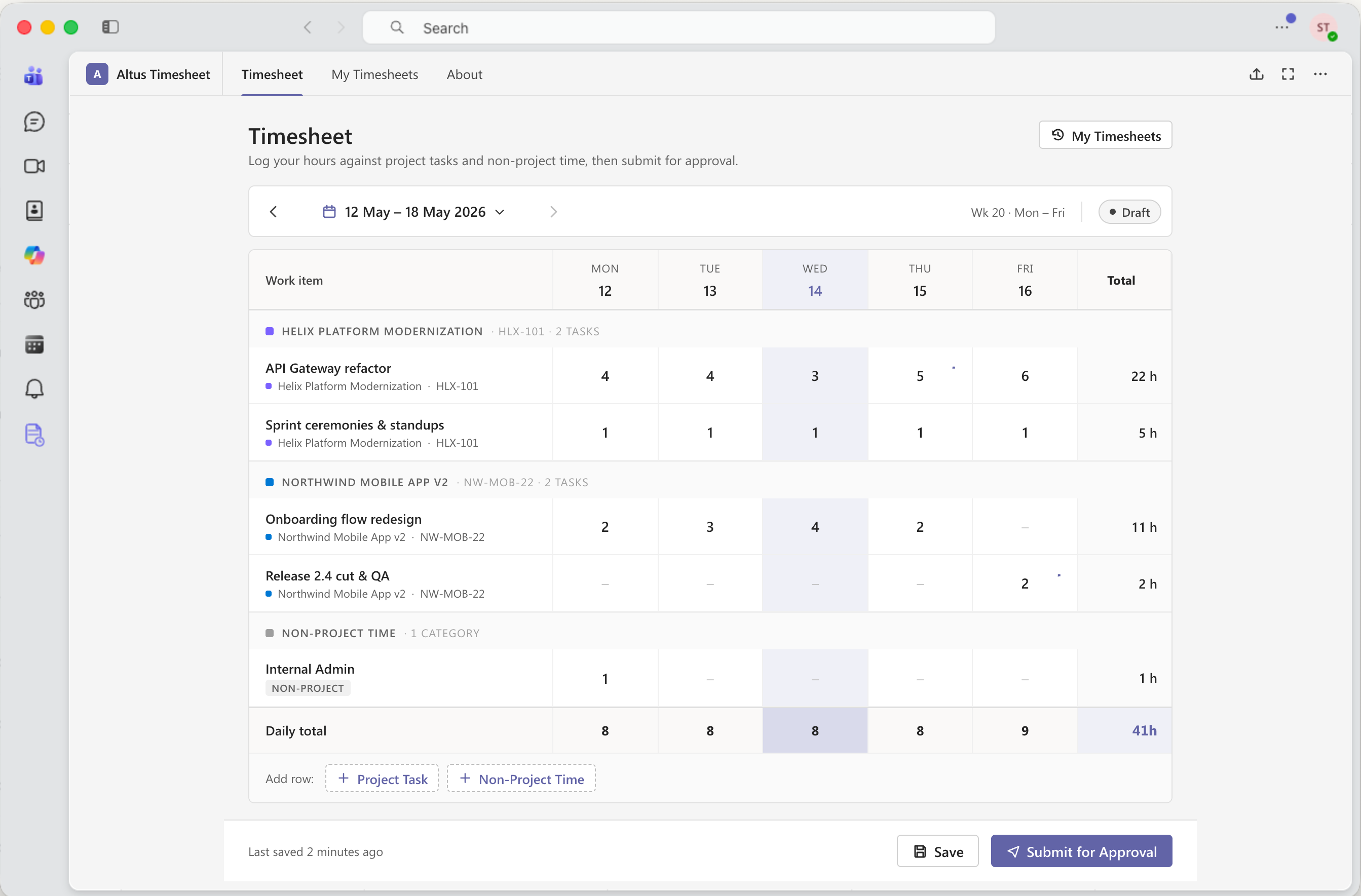 The timesheet prototype running inside the Microsoft Teams desktop application, alongside Teams' own navigation and window chrome.